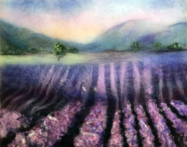 Original wool painting Lavender fields by Oksana Ball, Summer landscape painting, Nature painting with wool, Fiber wall art decor