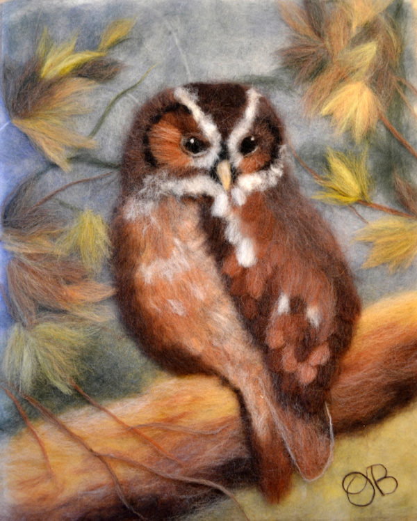 Original wool painting Owl in the autumn forest by Oksana Ball, Bird painting, Wildlife painting with wool, Fiber wall art decor