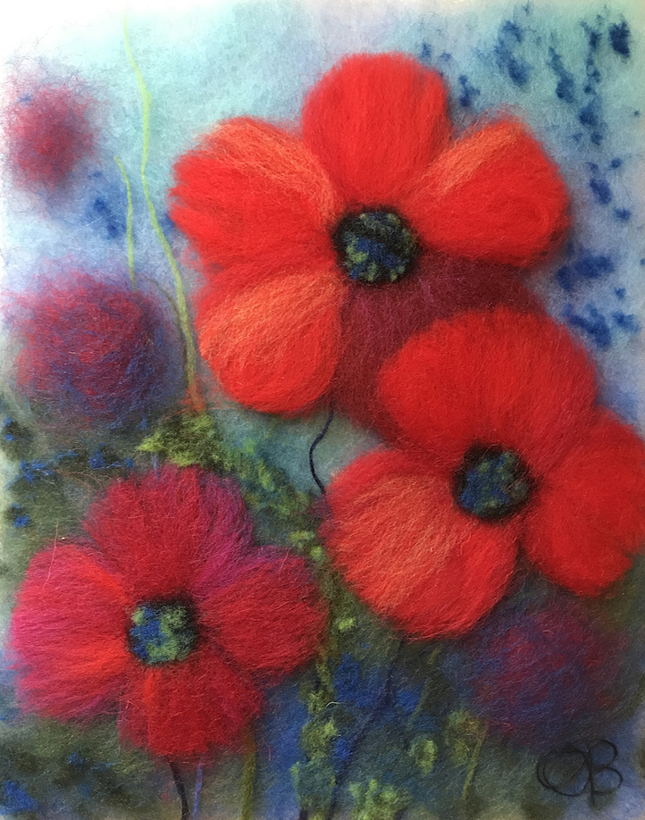 Original wool painting Poppies in blue by Oksana Ball, Floral painting, Nature painting with wool, Fiber wall art decor