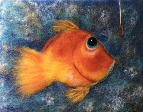 Original wool painting Gold fish by Oksana Ball, Nautical painting, Fiber wall art decor for nursery