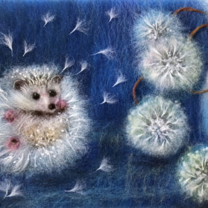 Original wool painting Hedgelion by Oksana Ball, Animal painting, Floral painting, Hedgehog, Dandelions, Wildlife painting with wool, Fiber wall art decor