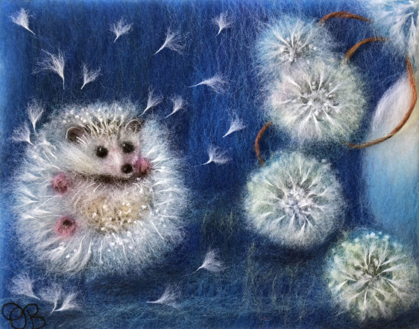 Original wool painting Hedgelion by Oksana Ball, Animal painting, Floral painting, Hedgehog, Dandelions, Wildlife painting with wool, Fiber wall art decor