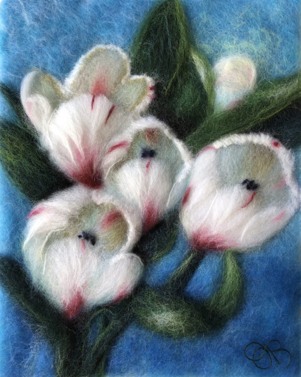 Original wool painting White tulips by Oksana Ball, Floral painting, Nature painting with wool, Fiber wall art decor