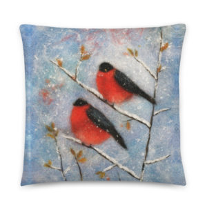 Decorative Throw Pillow "Two Bullfinches", Bird Print Accent Pillow For Couch, Sofa, Chair, Bed