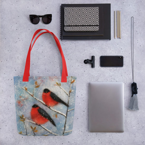 Bird Tote Bag "Two Bullfinches", Reusable Grocery Shopping Tote Bag, Fabric Shoulder Bag