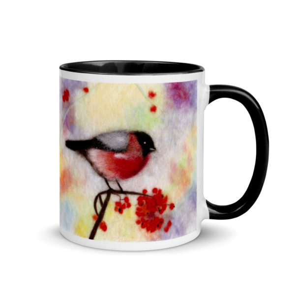 Ceramic Coffee Mug With Color Inside "Colorful Bullfinch", Bird Mug, Red Bullfinch Tea Mug