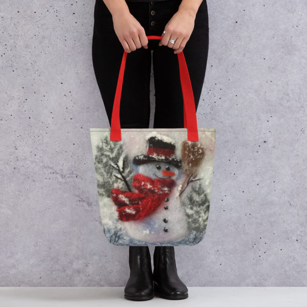 Christmas Tote Bag "Snowman With A Broom", Reusable Grocery Shopping Tote Bag, Fabric Shoulder Bag