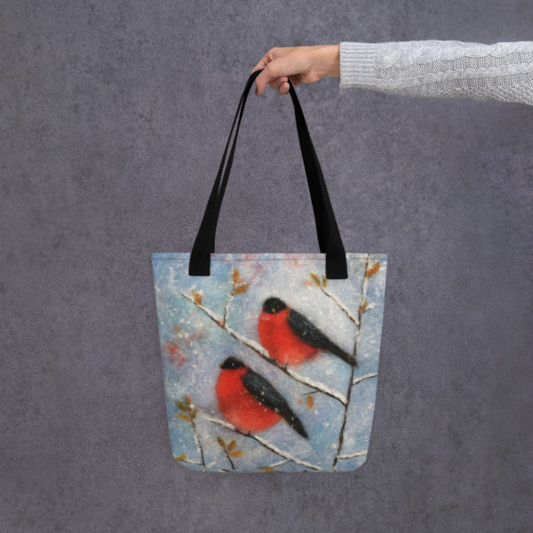 Bird Tote Bag "Two Bullfinches", Reusable Grocery Shopping Tote Bag, Fabric Shoulder Bag