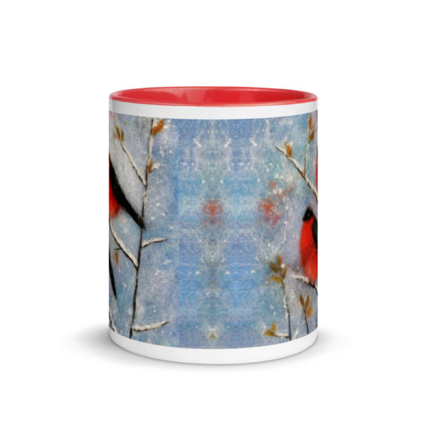 Ceramic Coffee Mug With Color Inside "Two Bullfinches", Bird Mug, Red Bullfinch Mug