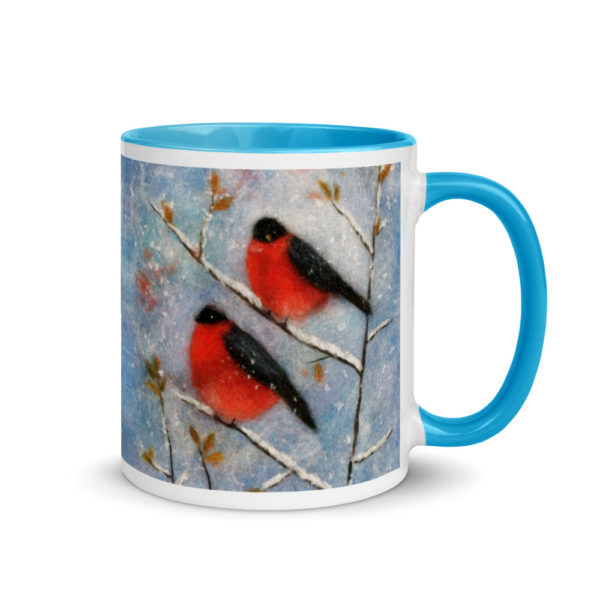 Ceramic Coffee Mug With Color Inside "Two Bullfinches", Bird Mug, Red Bullfinch Mug