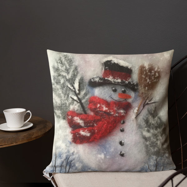 Snowman Throw Pillow "Snowman With A Broom", Christmas Holiday Decorative Pillow For Couch, Sofa, Chair, Bed