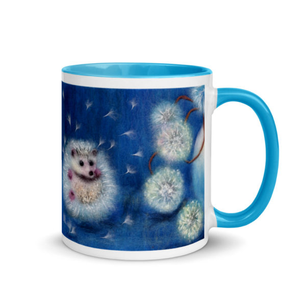Ceramic Coffee Mug With Color Inside "Hedgelion", Animal Hedgehog Mug, Dandelion Flower Mug, Floral Mug