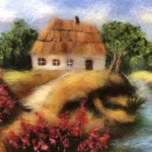 Original wool painting House near the river by Oksana Ball, Summer landscape painting, Nature painting with wool, Fiber wall art decor