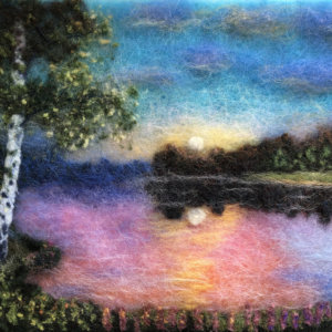 Original wool painting Summer sunset by Oksana Ball, Summer landscape painting, Nature painting with wool, Fiber wall art decor