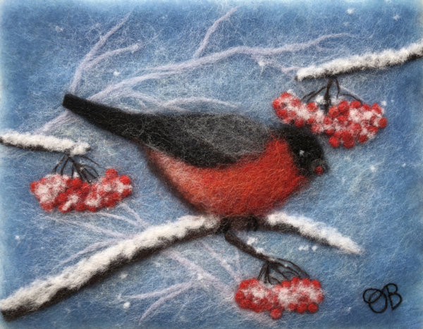 Wool Painting "Red Bullfinch" by Oksana Ball