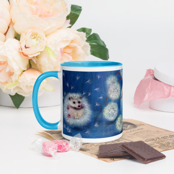 Ceramic Coffee Mug With Color Inside "Hedgelion", Animal Hedgehog Mug, Dandelion Flower Mug, Floral Mug