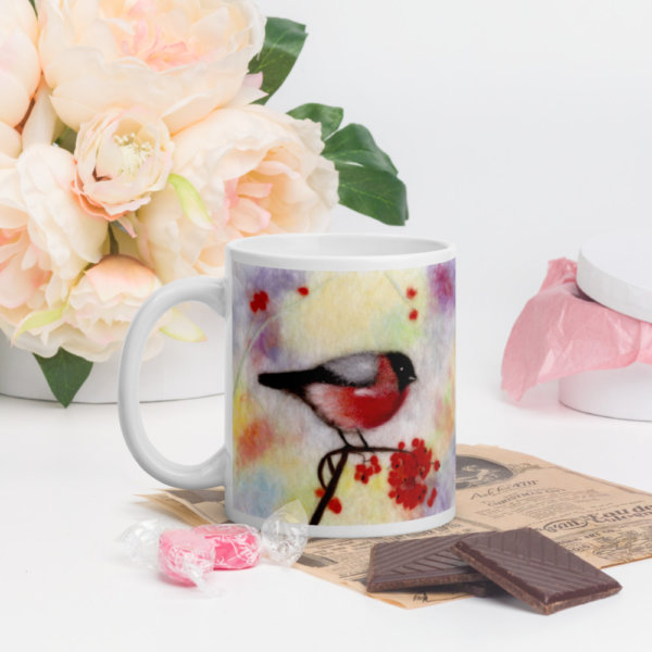 Ceramic Coffee Mug "Colorful Bullfinch", Bird Mug, Red Bullfinch Mug