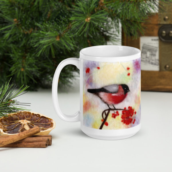 Ceramic Coffee Mug "Colorful Bullfinch", Bird Mug, Red Bullfinch Mug