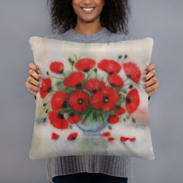Floral Decorative Throw Pillow "Bouquet Of poppies", Flower Accent Pillow For Couch, Sofa, Chair, Bed