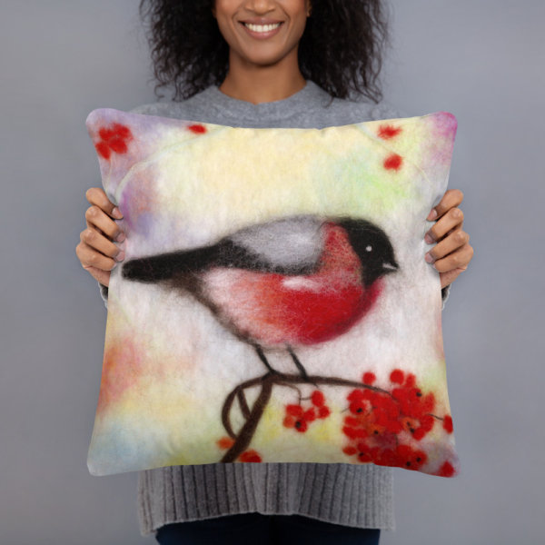 Decorative Throw Pillow "Colorful Bullfinch", Bird Print Accent Pillow For Couch, Sofa, Chair, Bed