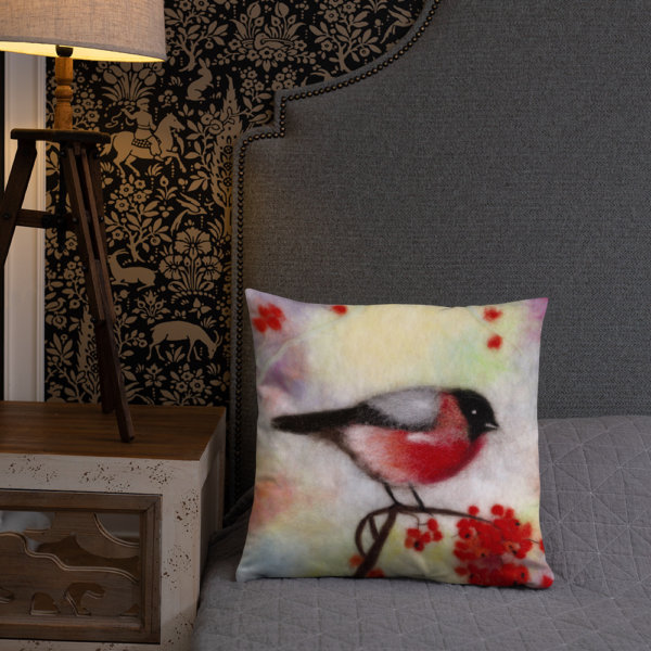 Decorative Throw Pillow "Colorful Bullfinch", Bird Print Accent Pillow For Couch, Sofa, Chair, Bed