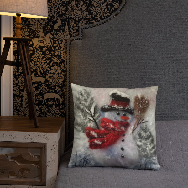 Snowman Throw Pillow "Snowman With A Broom", Christmas Holiday Decorative Pillow For Couch, Sofa, Chair, Bed