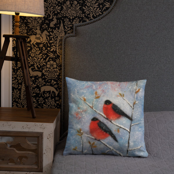 Decorative Throw Pillow "Two Bullfinches", Bird Print Accent Pillow For Couch, Sofa, Chair, Bed