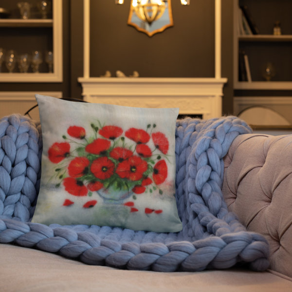 Floral Decorative Throw Pillow "Bouquet Of poppies", Flower Accent Pillow For Couch, Sofa, Chair, Bed