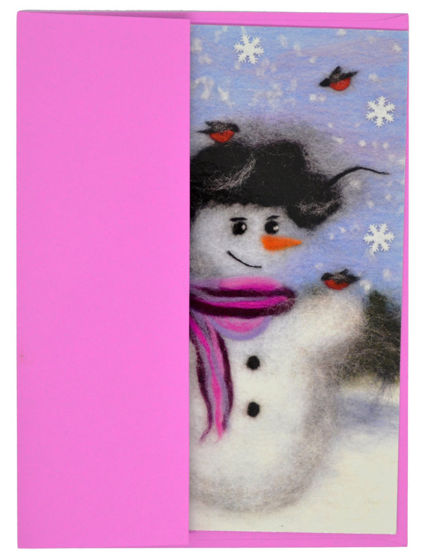 Christmas Greeting Card "Snowman With Bullfinches" With Envelope Blank Inside
