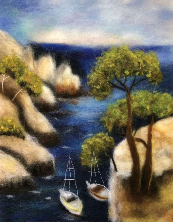 Original wool painting Boats in the cove by Oksana Ball, Summer landscape painting, Mountains painting with wool, Fiber wall art decor