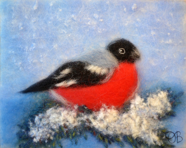 Original wool painting Bullfinch on a pine branch by Oksana Ball, Winter bird painting, Wildlife painting with wool, Fiber wall art decor