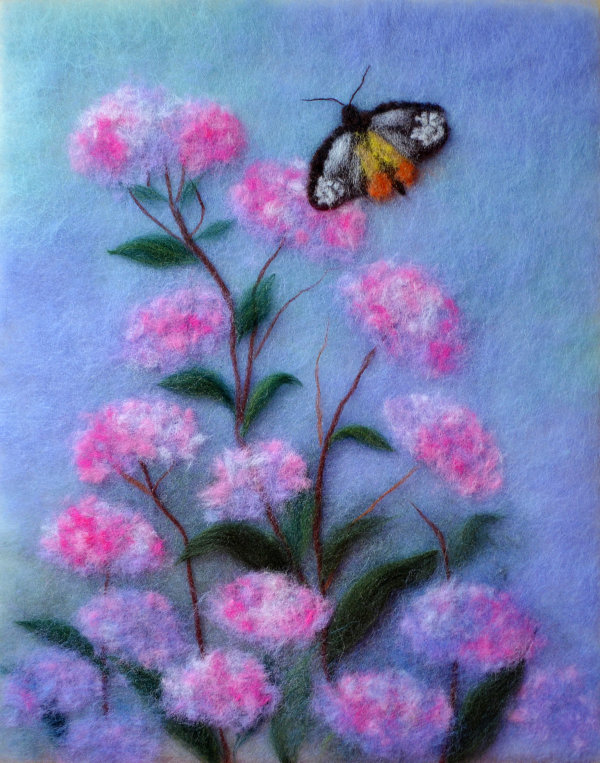 Original wool painting Butterfly in flowers by Oksana Ball, Floral painting, Wildlife painting with wool, Fiber wall art decor