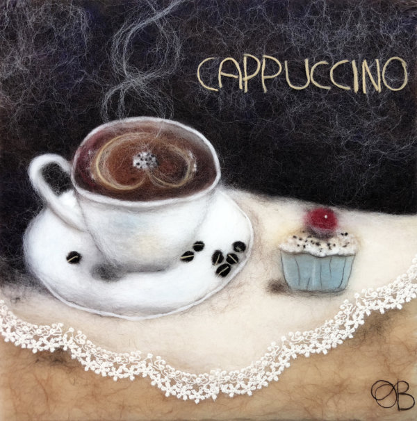 Original wool painting Cappuccino by Oksana Ball, Still life painting, Fiber wall art decor, Coffee