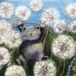 Wool Painting "Cat In A Dandelion Field" by Oksana Ball