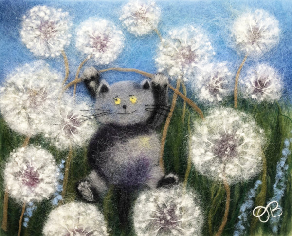 Wool Painting "Cat In A Dandelion Field" by Oksana Ball