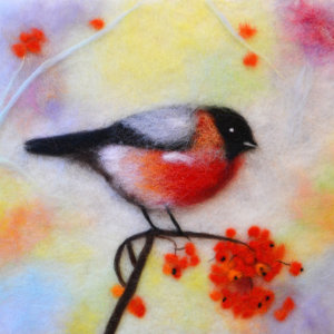 Original wool painting Colorful bullfinch by Oksana Ball, Bird painting, Wildlife painting with wool, Fiber wall art decor