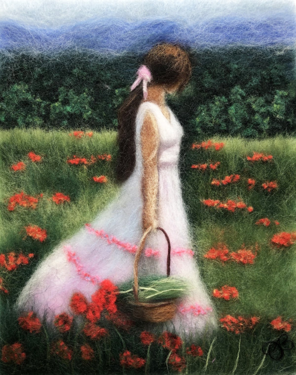 Original wool painting Girl in a poppy field by Oksana Ball, Summer landscape painting, Nature painting with wool, Fiber wall art decor