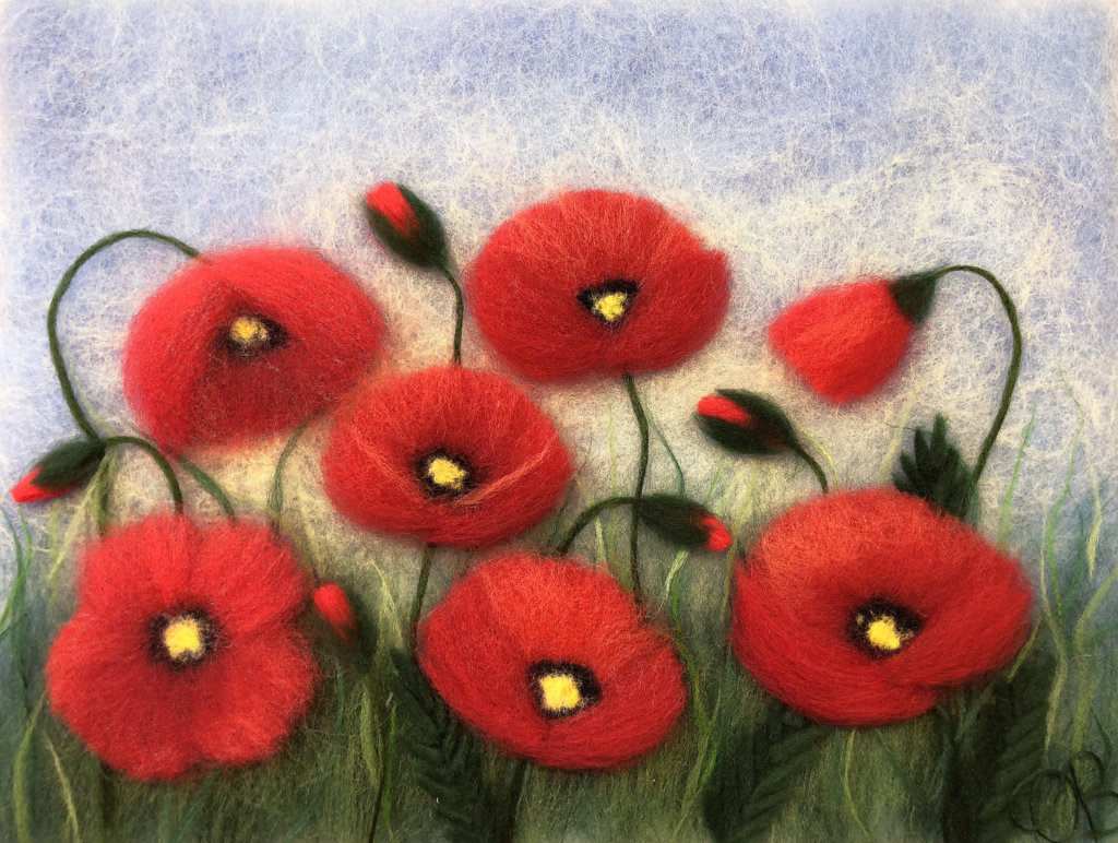 Original Wool Painting "Field Of Poppies" by Oksana Ball