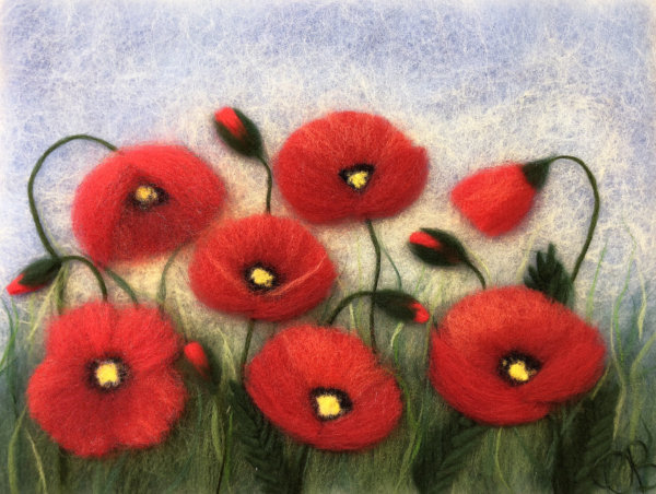Original wool painting Field of poppies by Oksana Ball, Floral painting, Nature painting with wool, Fiber wall art decor, Red poppies flowers