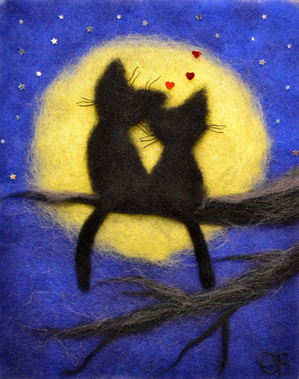 Original wool painting Romantic cats by Oksana Ball, Animal painting, Black cats painting with wool, Fiber wall art decor