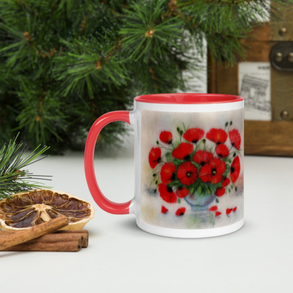 Ceramic Coffee Mug With Color Inside "Bouquet Of Poppies", Floral Mug, Poppies Flowers Tea Mug