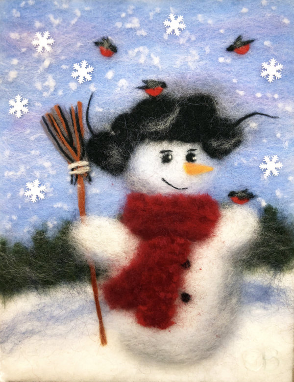 Wool Painting "Snowman With Bullfinches" by Oksana Ball