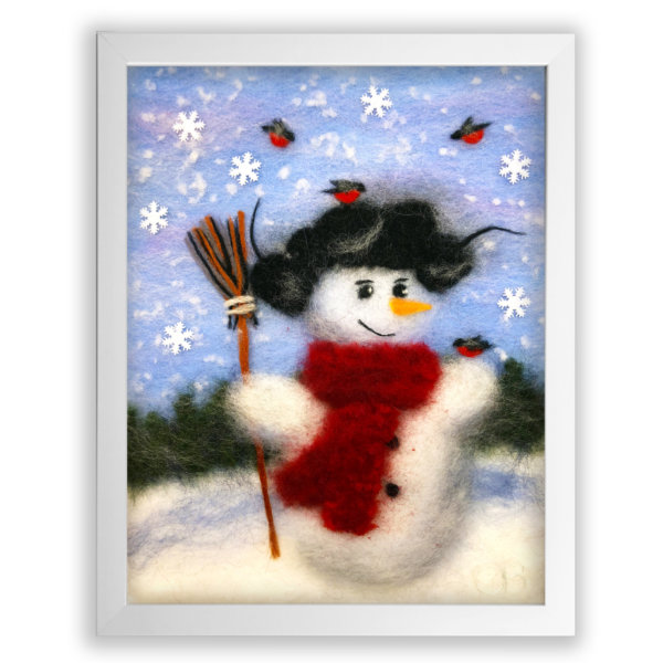 Wool Painting "Snowman With Bullfinches" by Oksana Ball